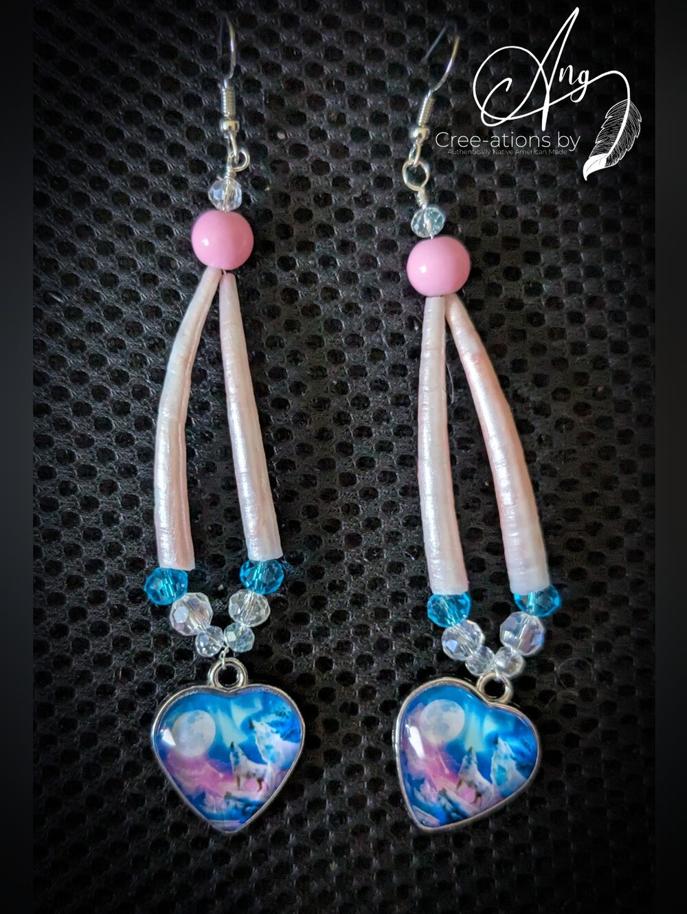 Indigenous Dentalium Shell Pink and Blue Heart Wolf Earrings